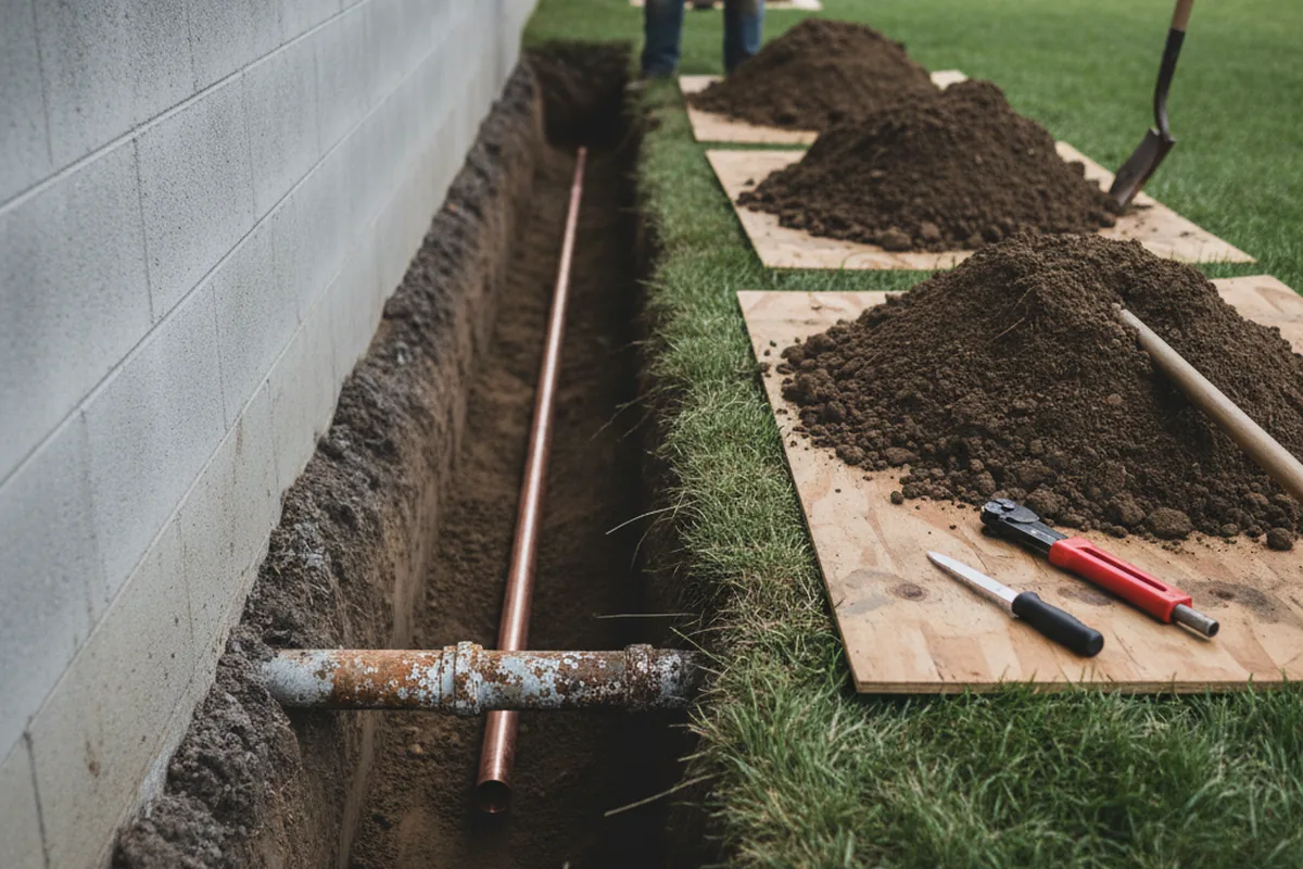 Excavated water line trench during Sewer Line Repair in Quail Valley